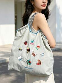 1pc New Embroidered Cute Cat Head Pattern Shopping Bag, Large Capacity Commuter Travel Bag, Drawstring Handbag, Versatile Nylon Shoulder Tote Bag - Multicolor - View 7