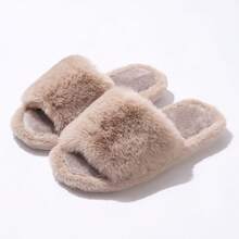 Dép lê nữ mùa thu/đông lông xù, kiểu dáng slouchy màu trơn lông thỏ nhân tạo, một quai, mềm mại thoải mái, đa năng, ấm áp, hở mũi, đế cao su chống trượt - Lạc đà - Xem 2