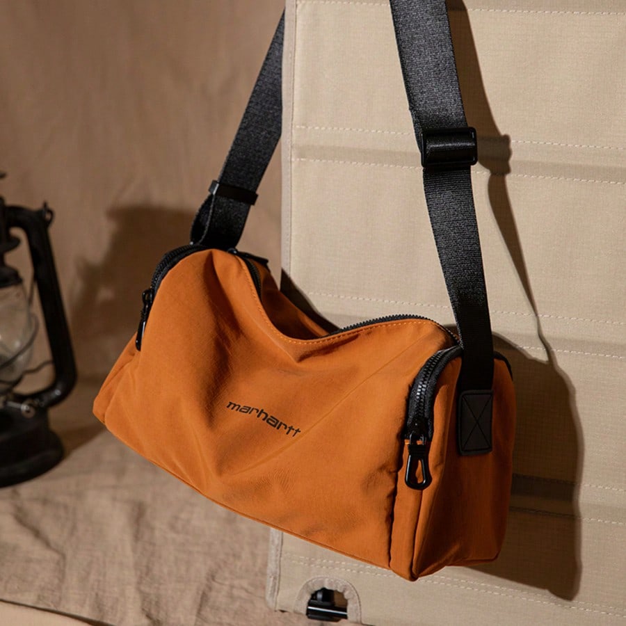 Vintage Caramel Nylon Cylinder Crossbody Bag, Minimalist Letter Print Adjustable Spaghetti Strap Casual Commuter One Shoulder Underarm Bag