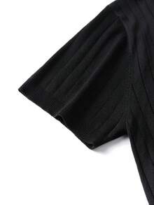 Solid Color Half-High Neck Vertical Stripe Short Sleeve Knit Pullover Top Men's Casual Slim Fit - Black - View 7