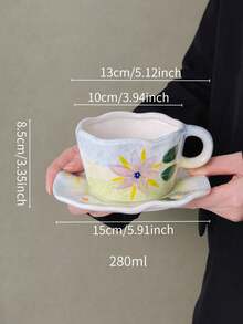 1 Set Creative Hand-Pinched Coffee Cup And Saucer, Hand-Painted Embossed Floral Ceramic Cup, Tea Cup, Water Cup, Mug, Suitable For Office, Living Room, Home Use, Gift, Cup, One Cup Of Coffee - Multicolor - View 11