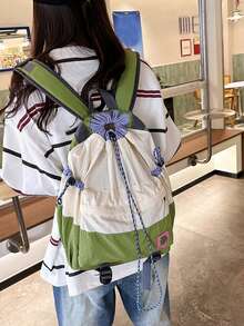 Back To School Large Capacity Backpack For High School And College Students, Drawstring Closure, Academic Style, Minimalist Casual Versatile For Class, Commute And Travel - White - View 2