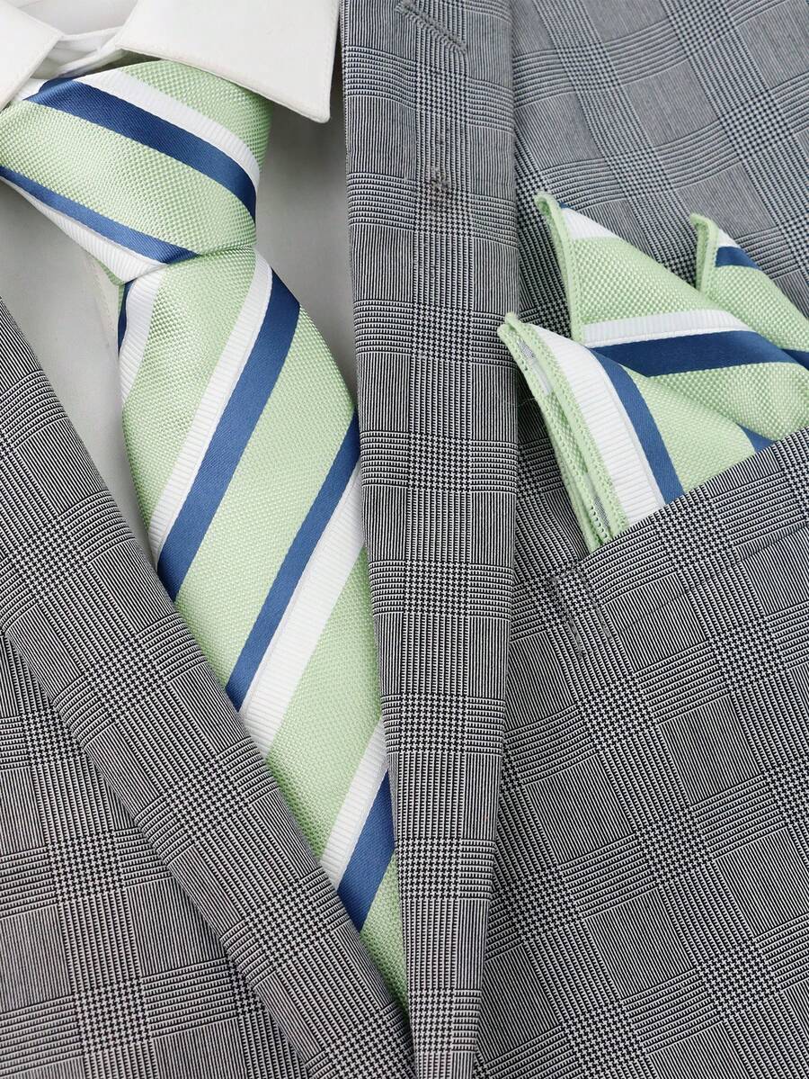ZLQ&GOU 2 PCS 7cm Sage Green Striped Men's Tie Set, Polyester Jacquard Set Includes Tie And Pocket Square, Suitable For Party Events And Matching With Shirts - Mint Green - View 1