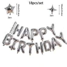 18pcs Silver Birthday Banner, Five-Point Star & Four-Point Star Foil Balloon Set, Suitable For Birthday Party Decoration, Theme Party Setup, Birthday Atmosphere Decor, Bachelor Party Setup, Coming Of Age Ceremony, First Birthday - View 3