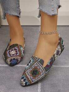 Spring/Autumn New Fashion Pointed Toe Low Vamp Flat Shoes Brown Color-Block Geometric Daily Comfortable Versatile Commute Lightweight Slip-On Loafers Random Pattern - Brown Background With Square Grid Pattern - View 5
