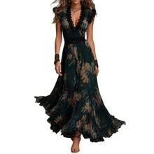 Boho Women Dark Green Floral Maxi Dress, Lace Trim V‑Neck Flutter Sleeve Waist Cinched Chiffon Long Dress For Beach Vacation Party Outfits - Navy Blue - View 6