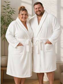 1pc White Plus Size Bathrobe Unisex Bathrobe Lapel Long Robe Solid Color Long Sleeve Loungewear Thick Coral Fleece Soft Absorbent Shower Hotel Pool Spa Couple Pajamas - White - View 11