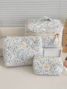 1pc/3pcs Light Blue Quilted Makeup Bag Set With Floral Pattern, Suitable For Travel; Zippered Storage Bag With Rope Texture Design For Organizing Cosmetics; Mini Pen Case With Fresh Soft Floral Pattern Design, Specially Designed For Girls, Suitable For Daily Makeup, Skincare, Travel And Stationery Storage - Multicolor - View 14