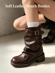 1 Pair Casual Mid-Calf Ruched Boots..Great Choice For Outdoor Shopping, Vacation, Leisure And Entertainment, Shopping Mall - Brown - View 2