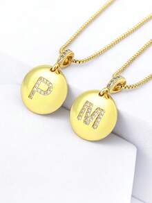 1pc 18k Gold Plated Copper Necklace With White Zirconia & Fish 26 Letter Pendant, Luxury Minimalist Jewelry Gift For Women - Gold - View 3