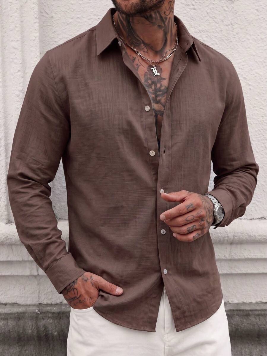Men's Solid Color Casual Versatile Daily Long Sleeve Shirt, Bamboo Fiber Solid Color Commute, Skin-Friendly Breathable Casual Style - Brown - View 1