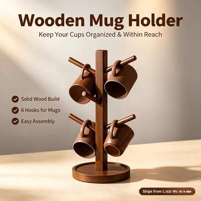 6-Hook Wooden Mug Rack, Countertop Coffee Cup Storage Holder, Kitchen Desktop Cup Organizer, Solid Wood Cup Display And Storage