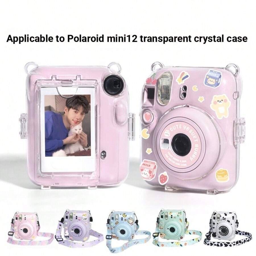 p+7 Camera Protective Case For Fujifilm Mini 12, Transparent Crystal Protective Cover, Camera Bag + Shoulder Strap + DIY Stickers 3-In-1 Set, Anti-Drop Portable Photo Storage