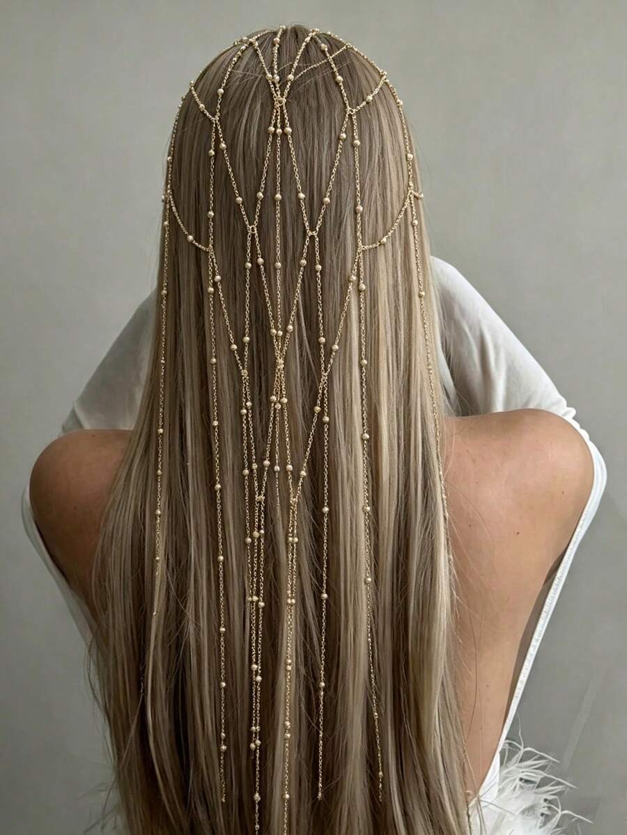 精緻亮面鏤空網格髮鏈流蘇髮飾,百搭女性髮飾,適合宴會與派對 - 金色 - 查看 1