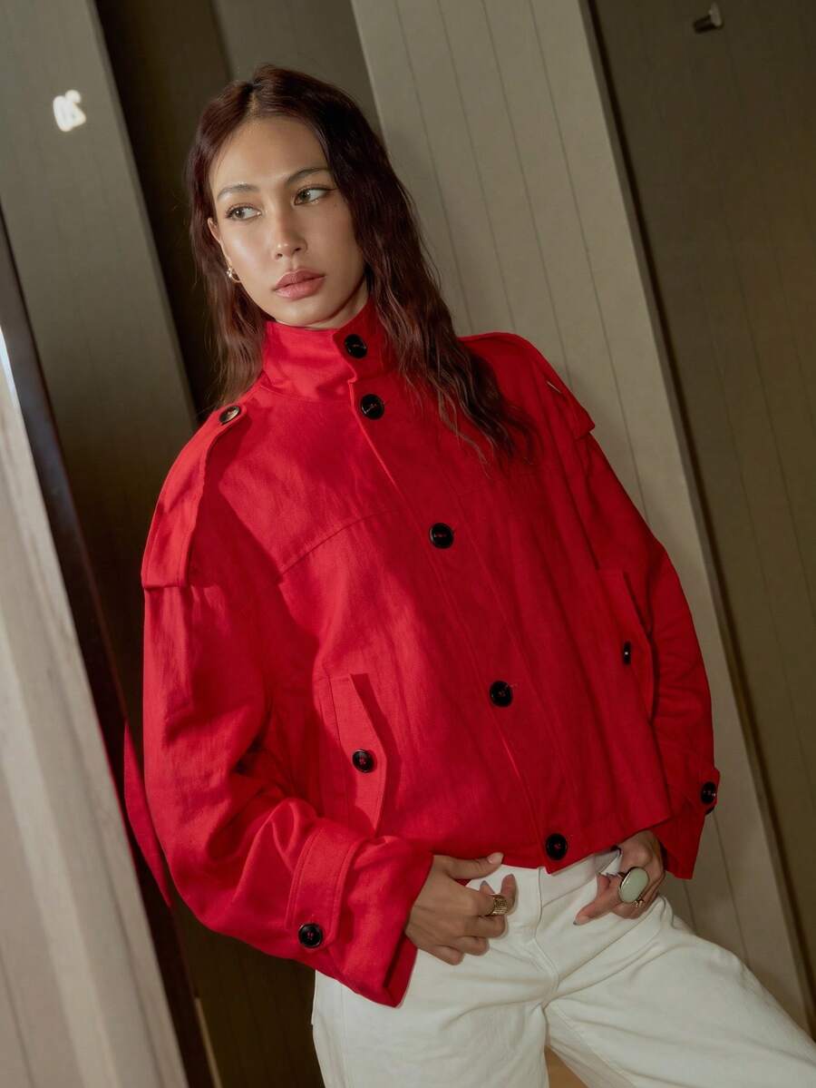 GMFP Women's Red Stand Collar Utility Short Jacket, Casual Commute Style Daily Shopping Commuting Independence Day World Cup Top - Red - View 1