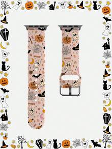 1pc Pink Heart Ghost & Spider Web Pattern Soft Elastic Breathable Comfortable Wristband Replacement Strap, Compatible With Samsung, Honor Smartwatches, Compatible With Apple Watch 38mm 40mm 41mm 42mm 46mm 45mm 44mm 49mm, Compatible With Apple Watch Ultra Series SE/11/10/9/8/7/6/5/4/3/2/1, Unisex Halloween Gift Watch Band - Multicolor - View 1