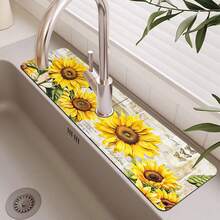 1pc Sunflower Pattern Silicone Absorbent Mat, Bathroom Faucet Splash Guard, Anti-Moisture Anti-Slip Faucet Mat, Kitchen Countertop Accessory - Multicolor - View 11
