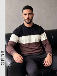 GRDR Men's New Colorblock Striped Crew Neck Long Sleeve Knit Top - Casual Daily Commute - Brown - View 4