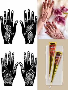 6PCS (2pcs Henna Paste + 2pcs Hand Stencils) Combo Set Henna Nail Art Tattoo Cream With Storage Box Semi-Permanent Plant-Based Tattoo Ink For Hands And Body - Multicolor - View 8
