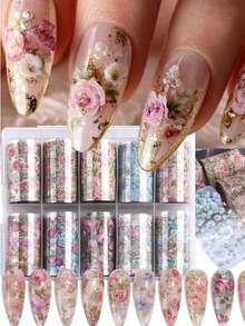 6/3/1pc Nail Art Stickers, Holiday Pattern Foil Transfer Sticker Set, Laser Country Rose Pattern Nail Polish Foil Stickers, For Women DIY Nail Decoration - Multicolor - View 1