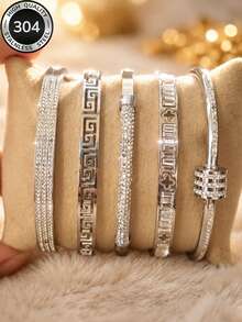 5pcs/Set Silver Stackable Fashion Bracelet Set, 304 Stainless Steel, Rust-Proof, Waterproof, Hypoallergenic, Minimalist Luxury Stackable Jewelry, Graduation, Birthday, Valentine's Day, Mother's Day, Christmas Gift For Her - Silver 4 - View 3