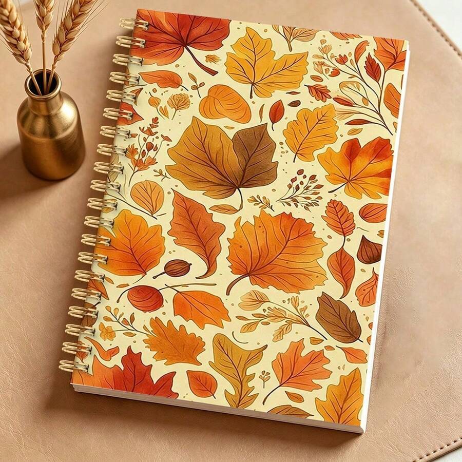 1pc A5 Spiral Coil Ruled Notebook, Orange & Gold Autumn Leaf Pattern, Universal Office & Study Notebook, Suitable For Back To School, Student Notebook, Student Essentials & Office Use, Holiday Gift Selection - Multicolor - View 1