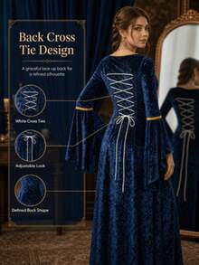 Halloween Cosplay Costume Witch Outfit Women Vampire Costume Ladies Medieval Queen Costume Gold Velvet Long Robe Long Sleeve Renaissance Dress Lace-Up Corset - Royal Blue - View 6