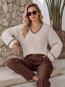 NiceArt Women's Autumn Oatmeal Color Mixed Wool Blend V-Neck Contrast Wave Trim Long Sleeve Loose Ribbed Knit Pullover Sweater, Neutral Soft Casual - Khaki - View 5