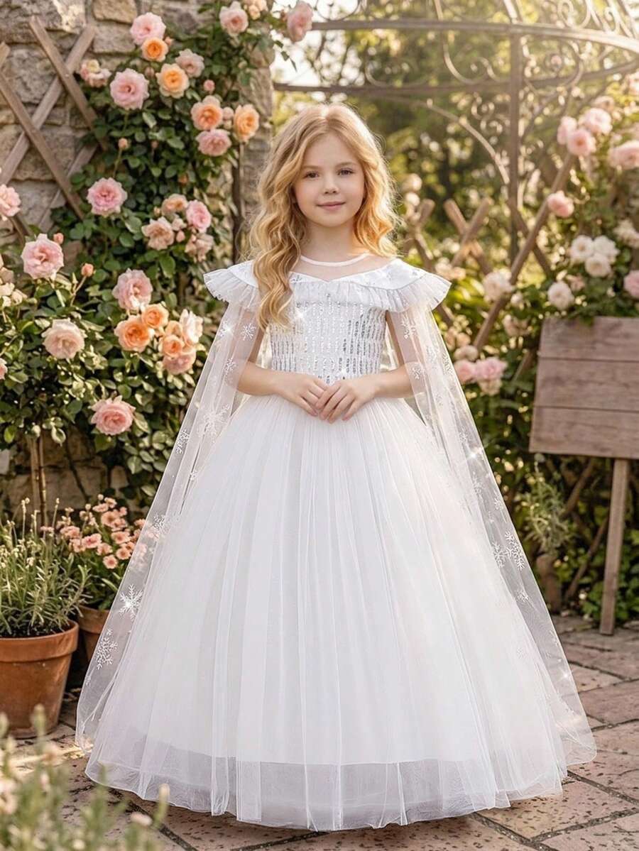 Young Girls Solid Color Sequin Princess Dress With Cape, Suitable For Ball Party, Headband Not Included - White - View 1