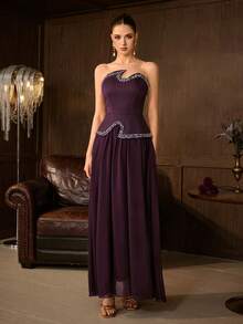 Elegant Women's Strapless Beaded Evening Gown, Asymmetrical Design, Perfect For Prom And Evening Events, 2 Pieces Set With Ribbon - Dark Purple - View 4