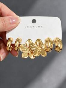 9 Pairs Vintage Gold Earrings 3 Pieces Set For Women, Floral And Textured Hoop Design, Lightweight Hypoallergenic Versatile, Perfect For Date, Party, Birthday Gift - Gold - View 9