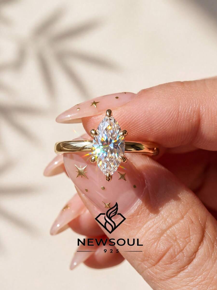 1枚优雅奢华S925纯银六爪镶嵌马眼形切割女士戒指，珠宝礼品，生日礼物，派对礼物