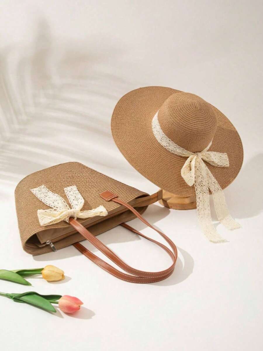 Sombrero + Bolso, Adecuado para Uso en Vacaciones - Caqui - Ver 1