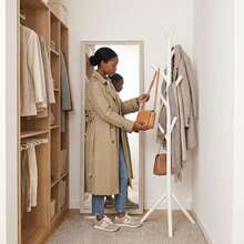 White Floor Standing Coat Rack, Entryway Bedroom Hanging Clothes Rack, Tree-Shaped Multi-Hook Tripod Stable Design, No Assembly Required Minimalist Storage Rack - White - View 7