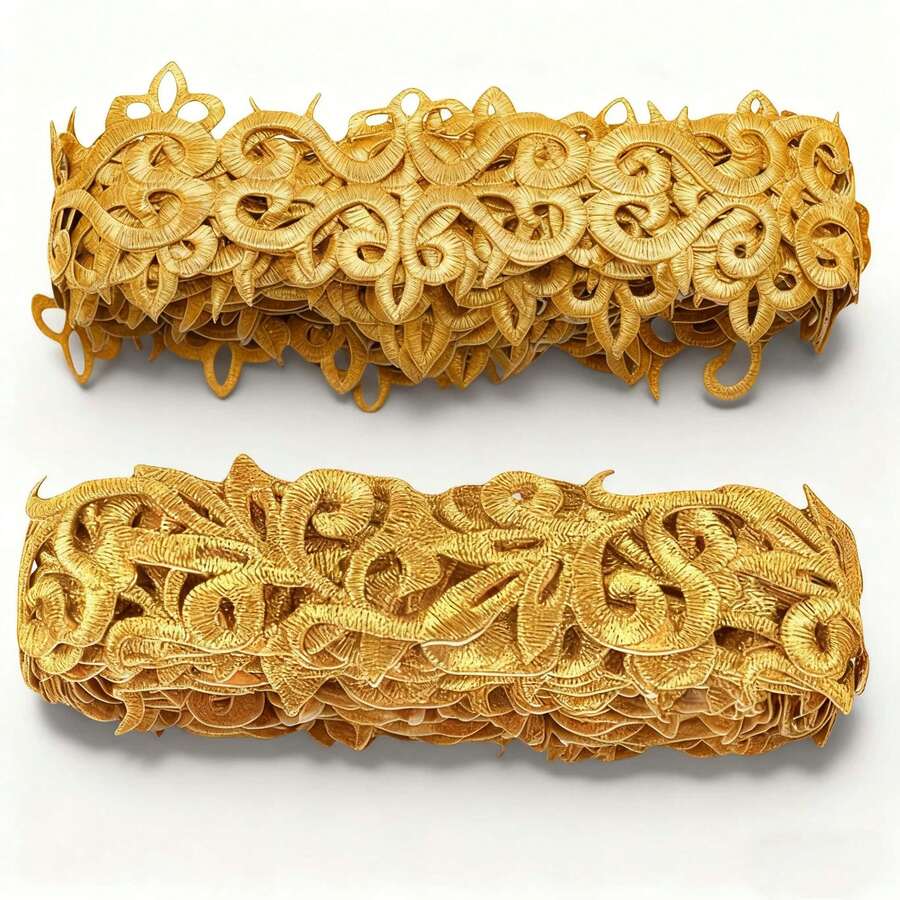 1m/Roll Gold Lace Trim, Embroidered Polyester Metallic Lace Ribbon, 35mm Wide, Iron-On Floral Lace, For Clothing Dress Decoration, Adhesive Backing