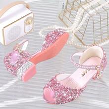 1 Pair Girls Princess Crystal Peep Toe Closed Back Sandals, New Summer Korean Style Sequin Rhinestone Pink Dress Shoes For Kids - Pink - View 9