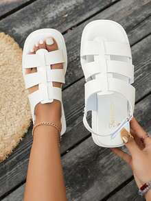 Women's Black Thick Sole Hook-And-Loop Sandals, Mid-Heel Casual Sport Walking Summer Chunky Heel Soft Bottom Versatile Wedge Roman Slide Sandals - White - View 7