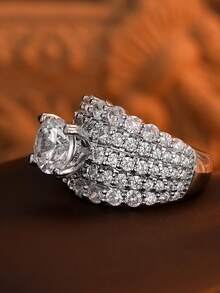 1pc Fashion Heavy-Duty Full Rhinestone Multi-Layer Round Diamond Ring, Geometric Luxury Exaggerated Wide Band Ring For Women And Men, High-End Accessory For Party And Banquet, Gift Jewelry - White - View 3