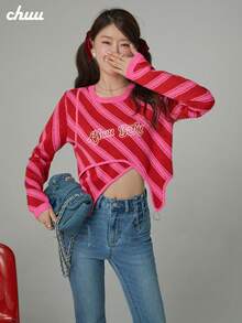 CHUU 女款字母條紋拼接針織毛衣 秋季時尚不對稱長袖個性毛衣 - 玫紅色 - 查看 5