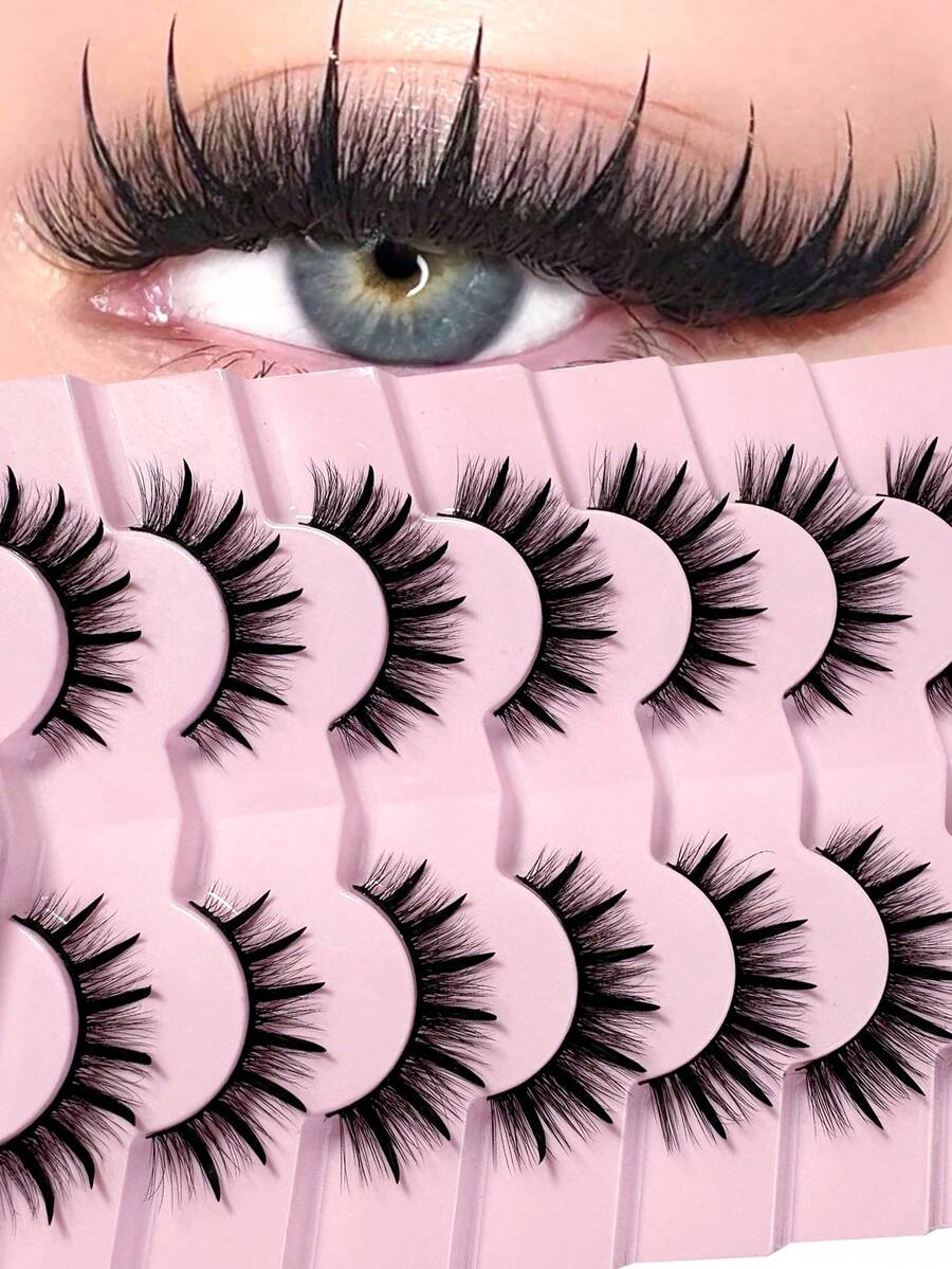 7Pairs Cat Eye Wet Look Curly False Eyelashes - Spiky Cartoon Style Transparent Band Natural Style Suitable For Daily And Party Makeup
