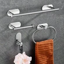 5pcs Stainless Steel Bathroom Towel Ring, Towel Bar, Bathroom Hook Set, Bathroom Storage Rack, Toilet Paper Holder, Storage Hook For Hotel - Square Bottom Nail-free - View 16