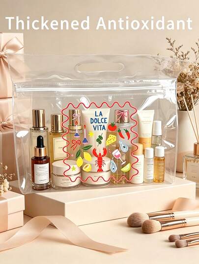 Transparent Zipper Makeup Bag, Transparent Frosted PVC Travel Makeup Bag (With Handle), Italian Lifestyle Cartoon Pattern Toiletries Storage Bag, Large Capacity Transparent Skincare, Lipstick, Shampoo And Travel Essentials Toiletry Bag, Fashionable Colorful Lobster, Lemon, Wine Glass Pattern Print, Wavy Edge Decoration, Suitable For Storing Shampoo, Lotion, Cosmetics And Other Bathroom Supplies, Can Be Used For Travel, Fitness, Hotel Accommodation, Daily Bathroom Storage, Multi-Functional Makeup Bag