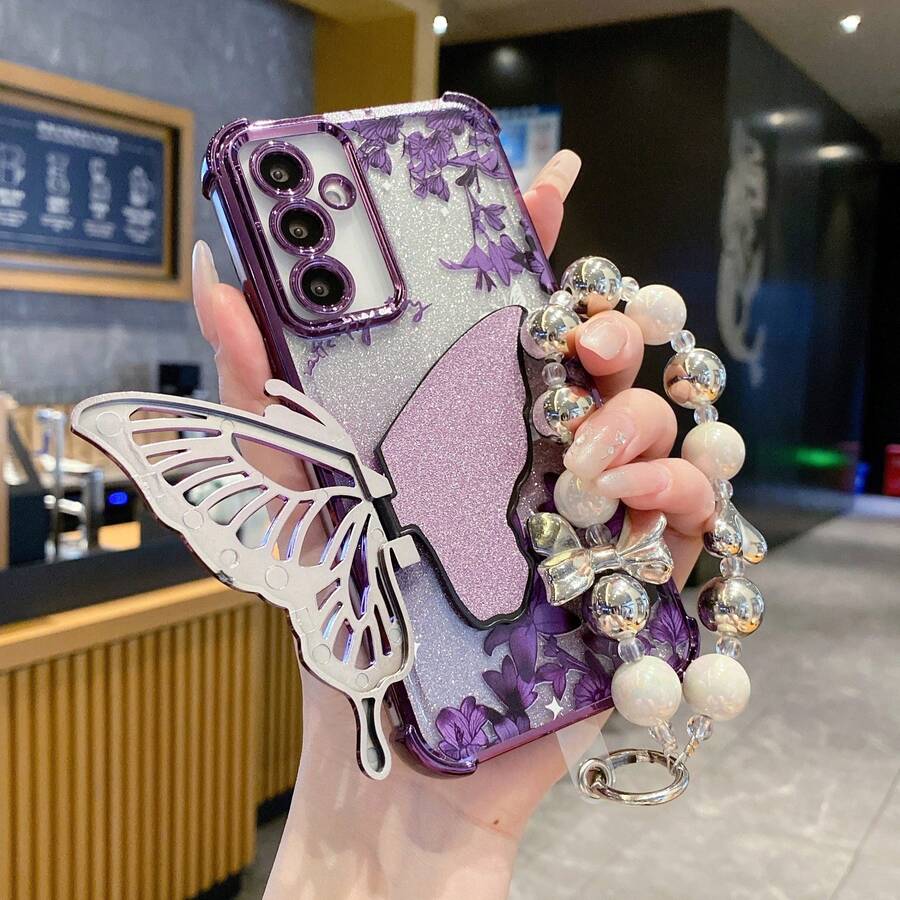 1pc Glitter Gradient Butterfly Flower Bracelet Phone Case 4-Corner Shiny Air Cushion Anti-Drop Transparent Android Series [International Version Non-Local Version]Honor X5/X6/X7/X8/X9 Suitable For SX A57 A37/57 A123456789987654321 45G Compatible With Samsung/S26/S25/S24/S23/S22 Series/A Series/ A6X Reno14/14f/15/15F 17T/17T PRO Mt Pixel10/10pro/10a/9/9a/9pro/9pro Xl - Purple - View 1