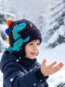 Winter Knitted Hat For Children, Cartoon Dinosaur Pattern With Earmuffs, Cute And Warm, Suitable For Outdoor And Daily Use - Multicolor - View 3
