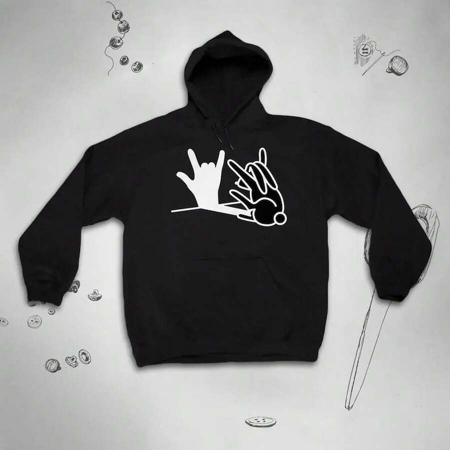 Unisex Fun Rabbit Hoodie,Cute Rock-Style Animal Pattern Design,Hooded Sweatshirt,Easter Gift. - 黑色 - 查看 1