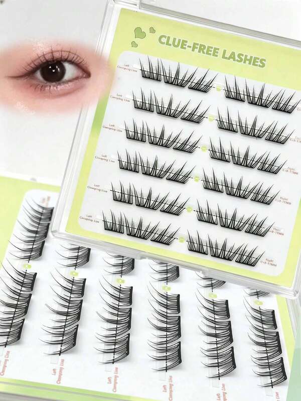 Pre Bond Cat Eye Lash Clusters, No Glue Needed Self Adhesive Wispy Segment Lashes, Reusable Press On Individual Fake Eyelashes Soft Fluffy DIY Eyelash Extensions For Daily Makeup Beginners