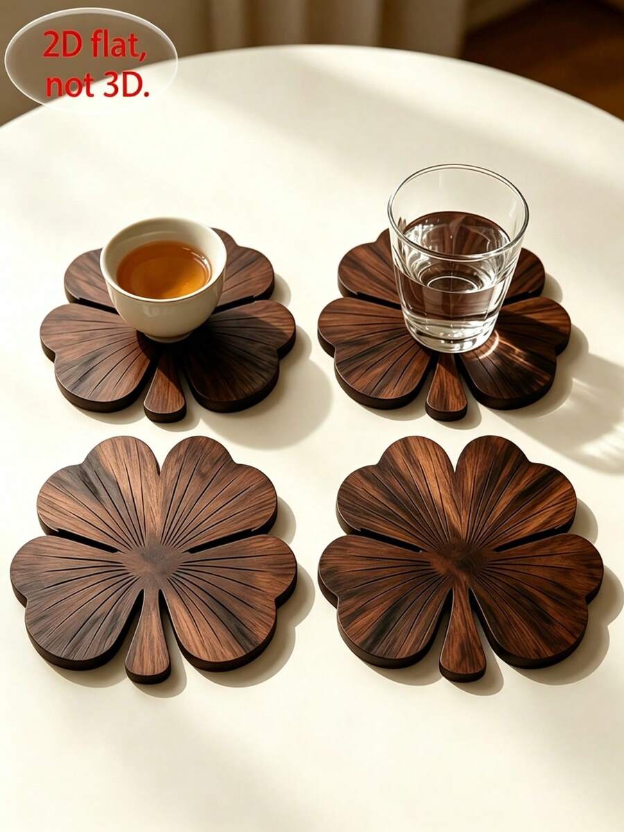 1/4/8pcs Clover Wooden Coaster Set, 4pcs Walnut Color Coasters, Luxury Coffee Tea Cup Desktop Protection Coaster Set, Heat-Insulating Mat, Beverage Mat, Suitable For Home Bar And Country Style Home Decor Gift - Multicolor - View 1