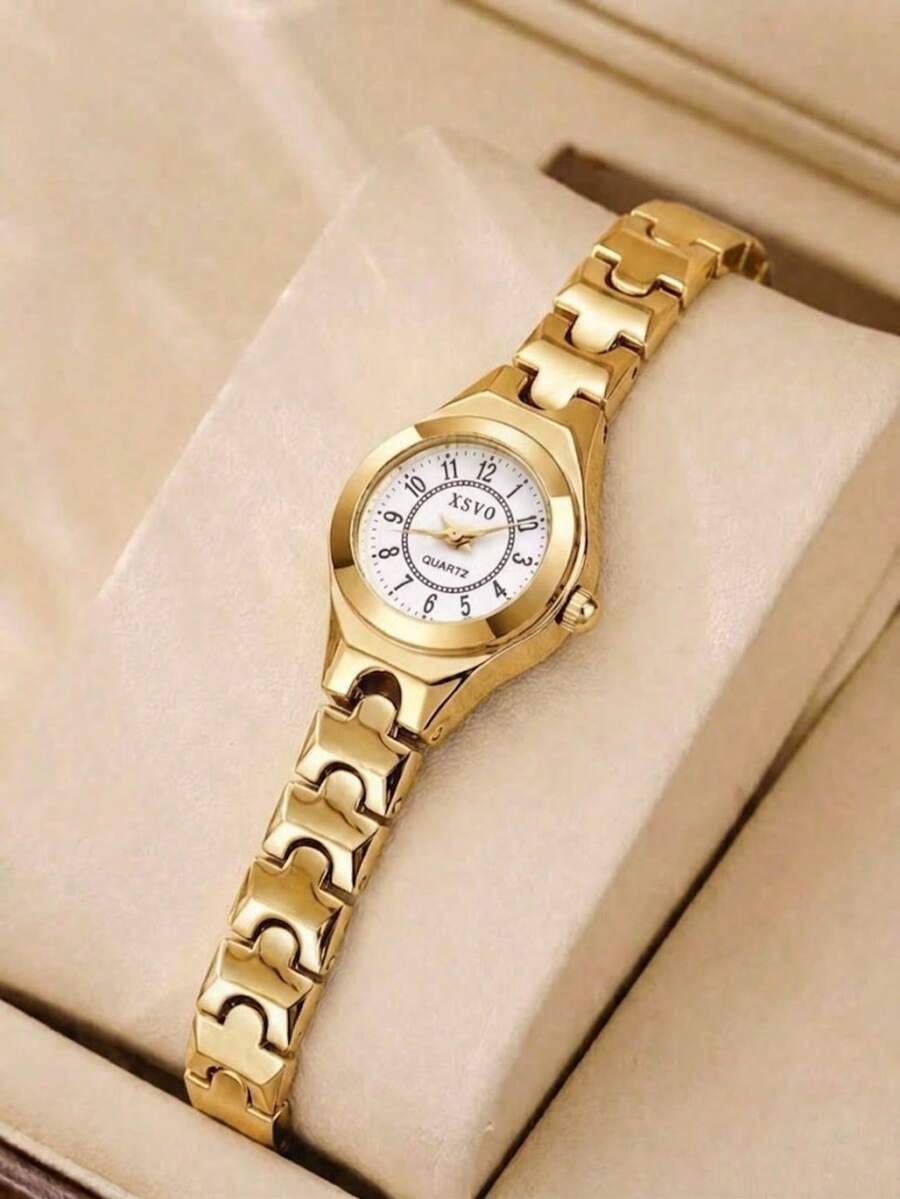 奢華金色鋼錶帶女士優雅石英手錶,生日與情人節送給媽媽、女友的禮物 - 白色 - 查看 1