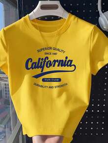 California Blue Letter Print Cropped Top, Round Neck Short Sleeve Midriff-Baring Yellow Casual Summer - Yellow - View 6
