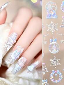 1件裝 冷色調冰雪風聖誕壓紋貼紙，包含水晶球、蝴蝶結、聖誕樹、雪花、鹿等元素，藍白配色，柔和清冷色調，精緻3D紋理，自黏式，營造冬季清涼夢幻氛圍 - 彩色 - 查看 3